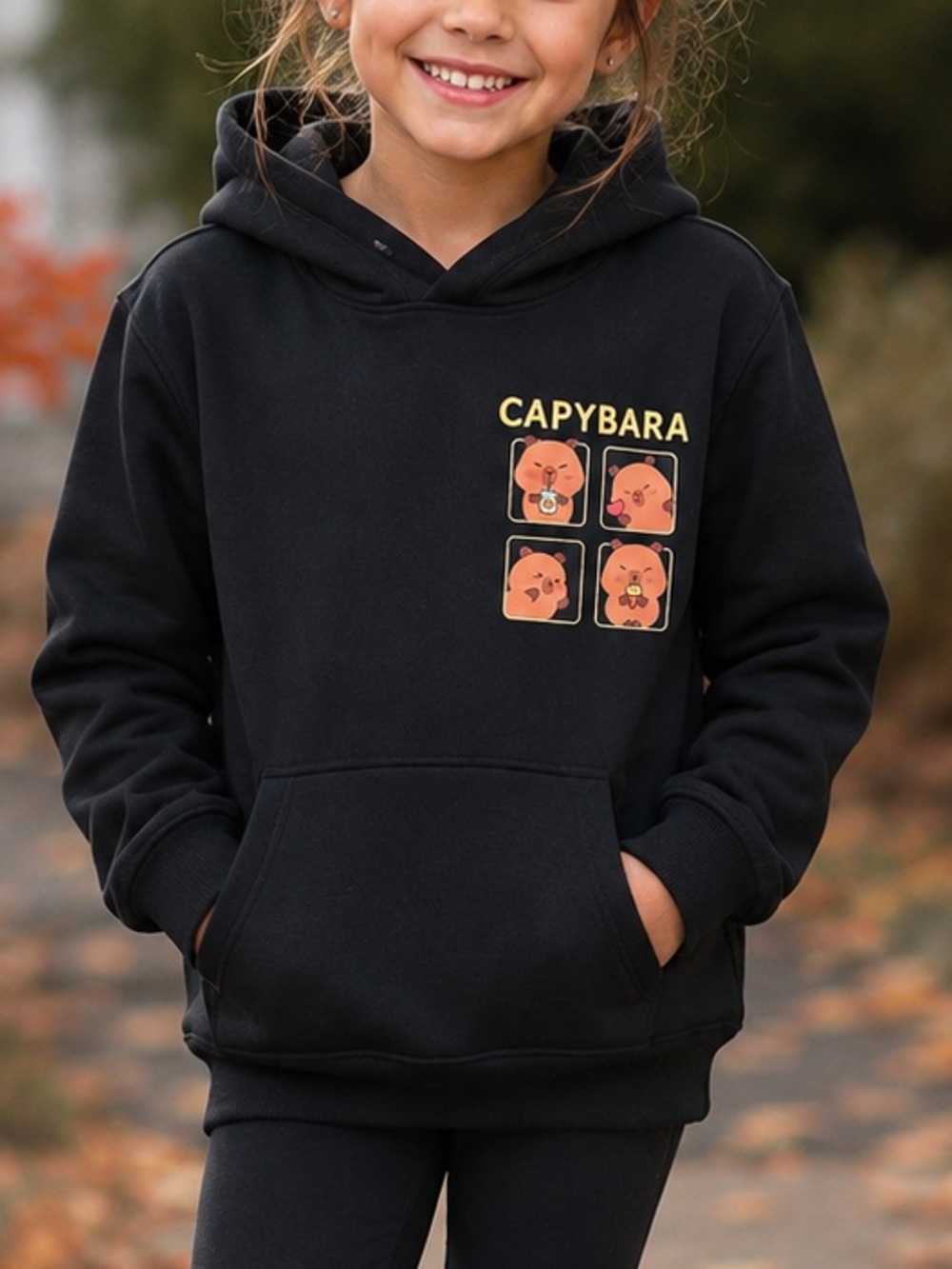 Kids Black Capybara Graphic Hoodie - Cozy Pullover Sweatshirt
